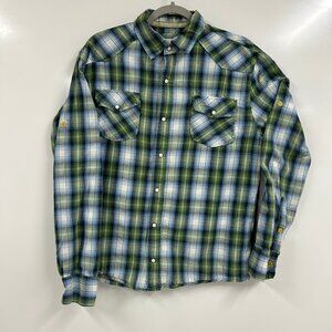 Ditch Plains XL Green Blue Plaid Western Flannel Snap Button Shirt